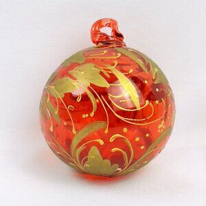 Vintage Blown Glass Christmas Tree Ornament Red and Gold Hand Painted Sphere